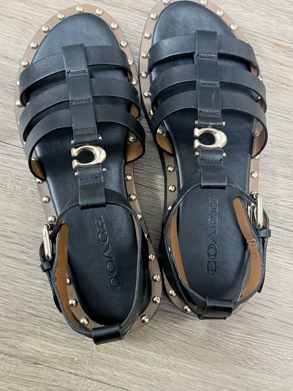 Coach Black Leather Stud-Trim Gladiator Sandals with Gold Logo - Picture 5 of 9
